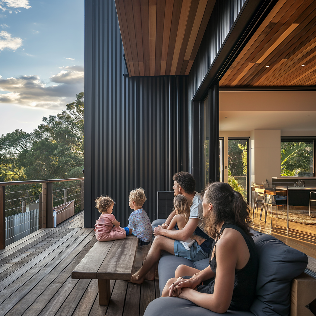 family-house-exstension-renovation-decking-outdoor-seating a family sitting on a couch in the freshly renovated house extension and deck