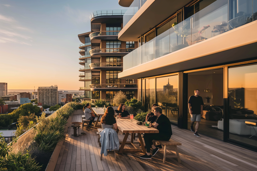 apartment-residents-rooftop-evening-build-to-rent-coworking-outdoor-seating -group-of-people-sitting-at-a-table-on-deck-with-balcony