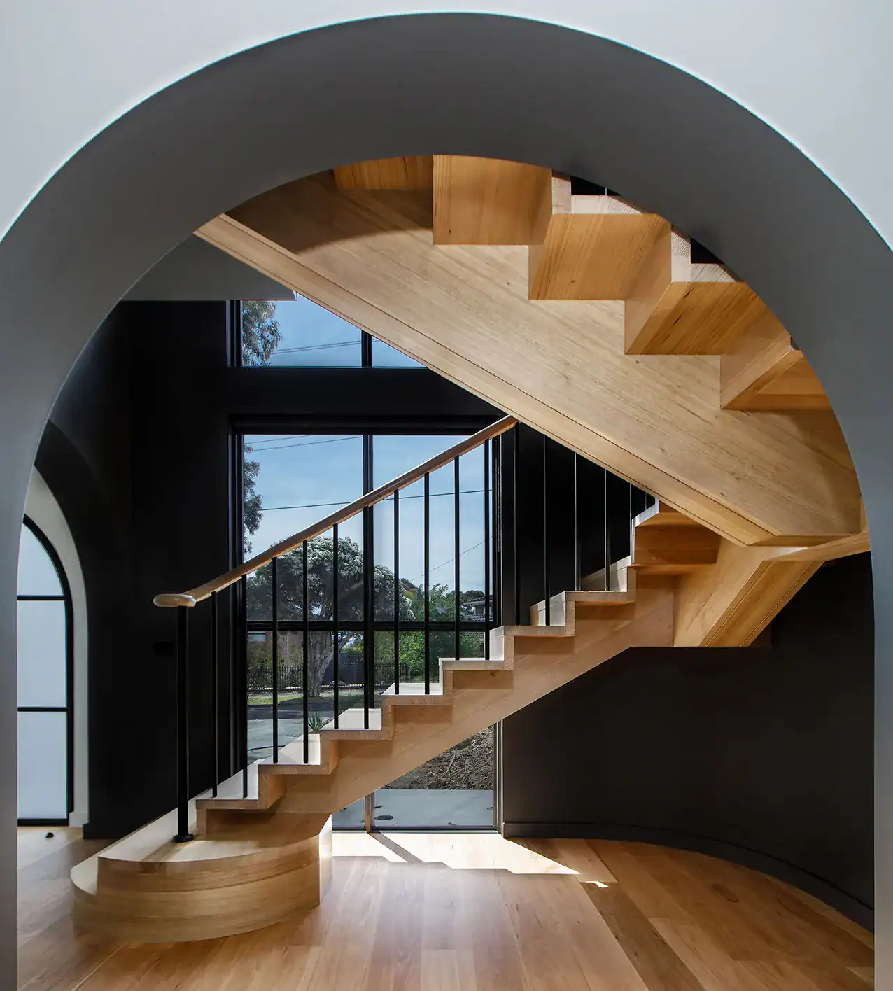 Elegant wooden staircase in modern architecture